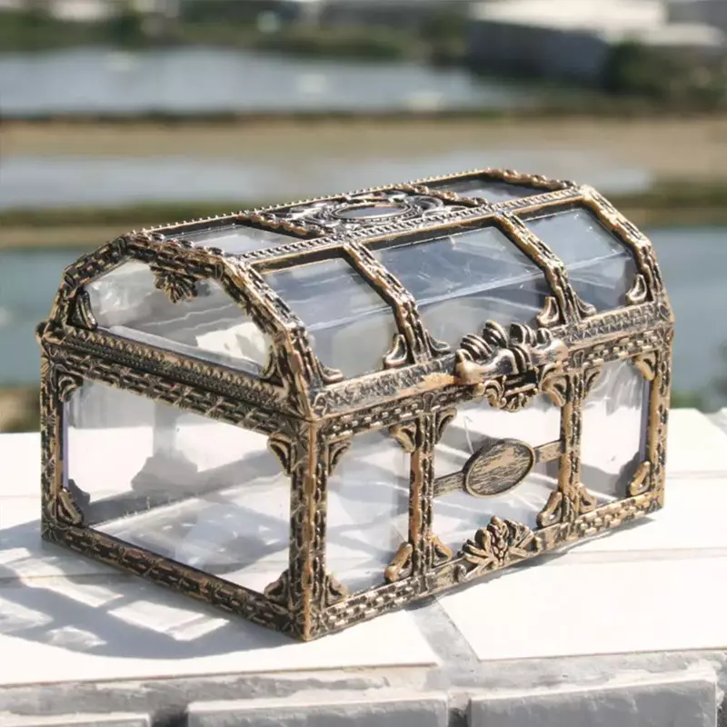 Caja de tesoro pirata transparente Retro, organizador de almacenamiento de joyas con gemas de cristal, recuerdo de baratija, Cofre del Tesoro para decoración del hogar