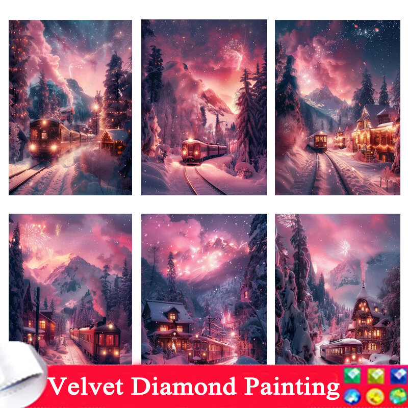 DIY Diamond Mosaic Train Pink Sky Full Square 5D Full Drill Diamond Embroidery Landscape Cross Stitch Painting Art Home Decor 19