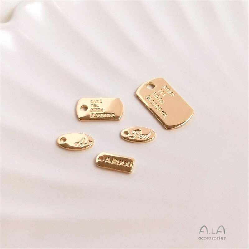 14K Gold Engraved Letter Label Small Hang Tag Rectangular Oval Small Pendant DIY Bracelet Jewelry Pendant D080