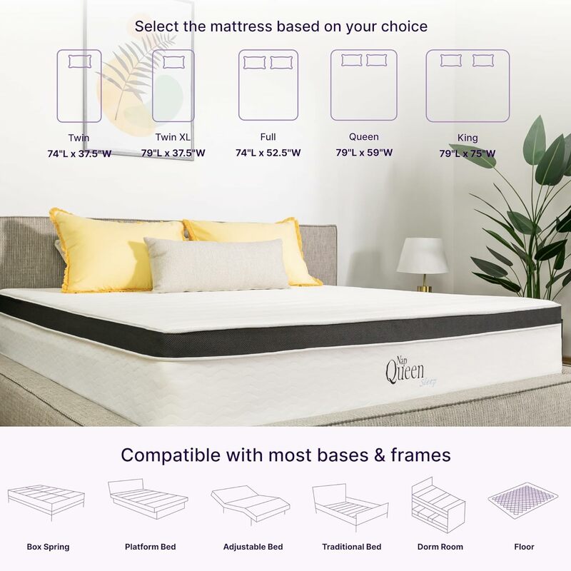 NapQueen 8 Inch Maxima Hybrid Mattress,Twin Size,Cooling Gel Infused Memory Foam and Innerspring Mattress,Bed in aBox,White&Gray