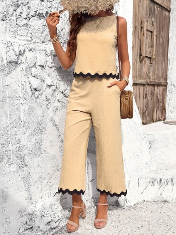 2024 Summer New Tank Women Sets Casual Patchwork Vest And Wide Leg Pant Sets Cotton Fashion Loose Vacation Holiday Outfits