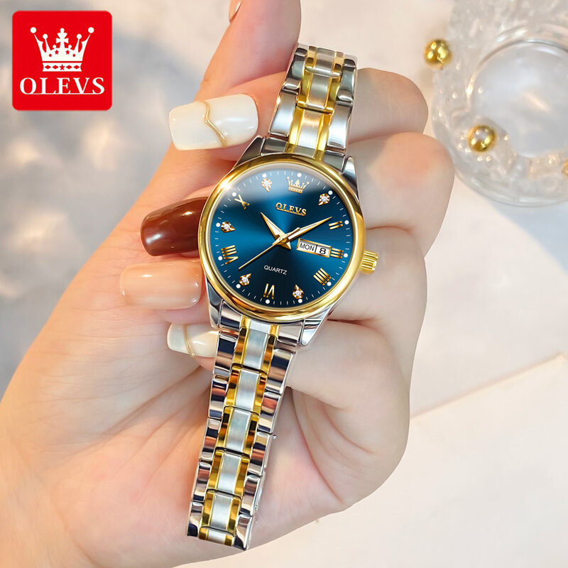 OLEVS jam tangan Quartz wanita, arloji tali Stainless Steel merek mewah klasik tahan air dengan minggu dan tanggal
