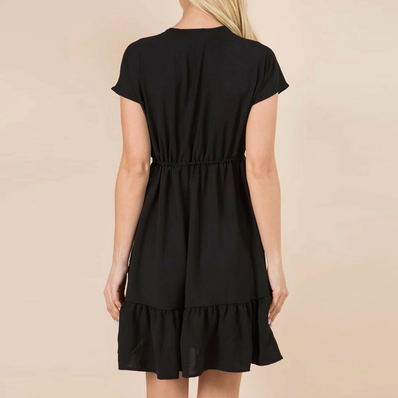 Women's summer dress vintage mini dress with drawstring v neck Ruffled hem A-line short sundress gilrls daily black dress