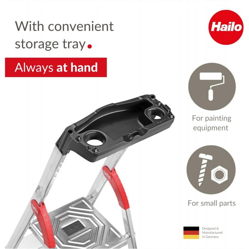 Hailo-Escabeau pliable en aluminium, ligne standard L60, marche de lecture, rangement multifonctionnel intégré, barre d'attache stable