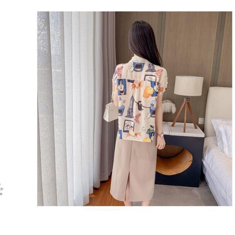 기하학적 프린트 반팔 시폰 블라우스, 시크한 접합 거즈 폴로 넥 싱글 브레스트 여성 셔츠, 여름 신상 패션