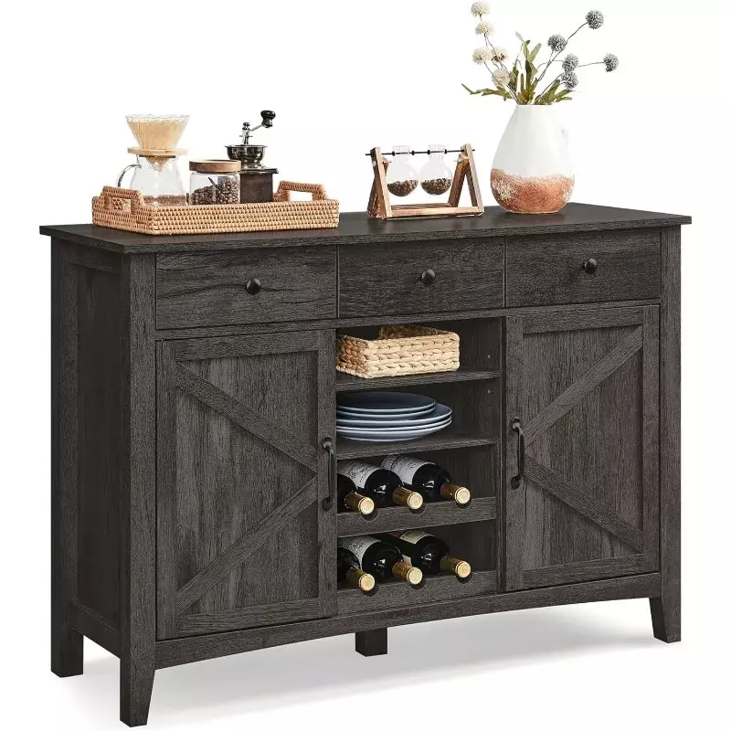 Farmhouse Buffet Cabinet with Detachable Wine Rack, Sideboard Cabinet with Drawers and Doors, Adjustable Shelves