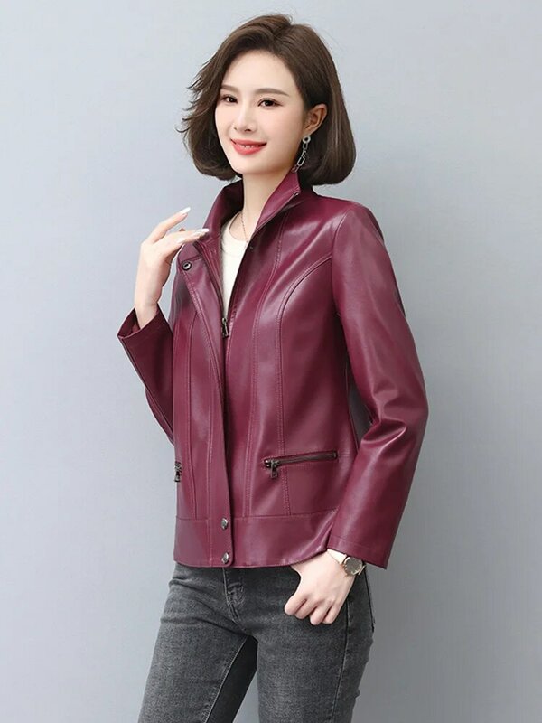 New Women Leather Jacket Autumn Winter Casual Fashion Stand Collar Plus Cotton Lining Slim Short Sheepskin Coat Spring Outerwear