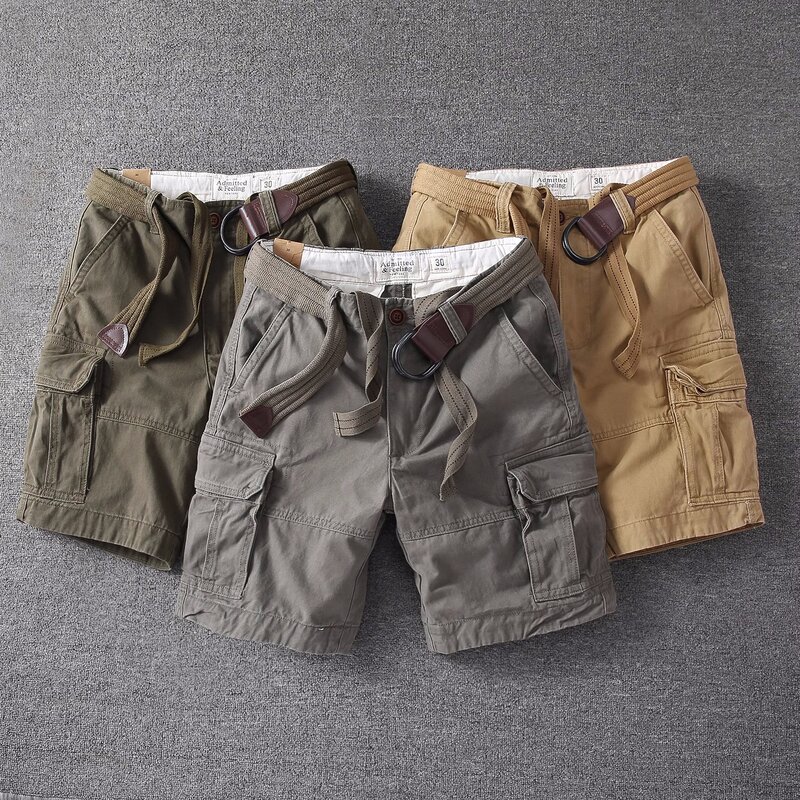 Pantalones cortos deportivos de estilo Retro para hombre, Shorts informales con múltiples bolsillos, rectos hasta la rodilla, talla grande, con cinturón