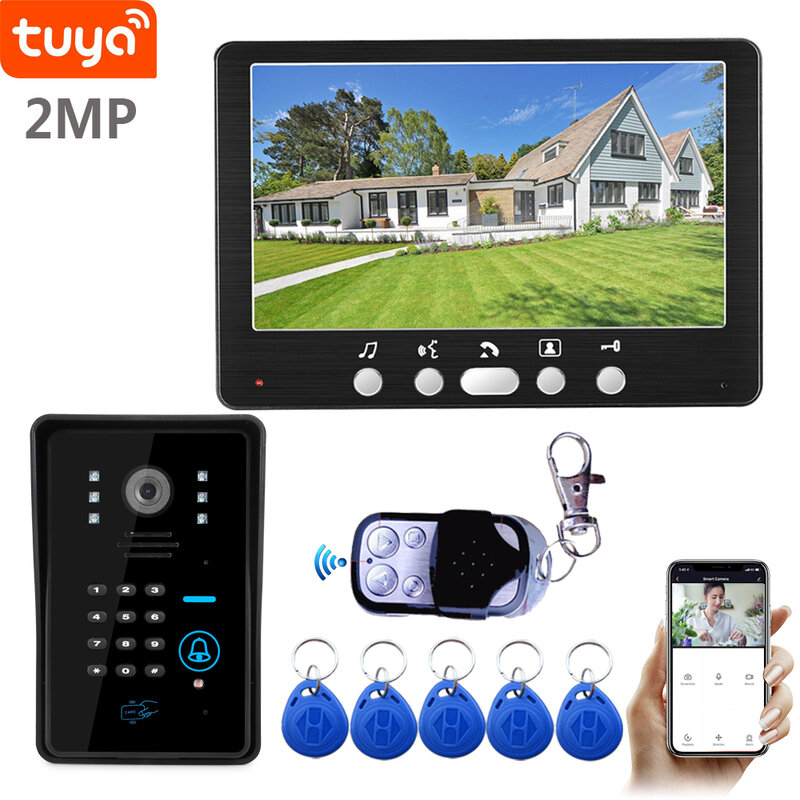 SYSD-videoportero WIFI de 7 pulgadas para apartamento, cámara de timbre de 1080P con contraseña y desbloqueo RFID, Tuya