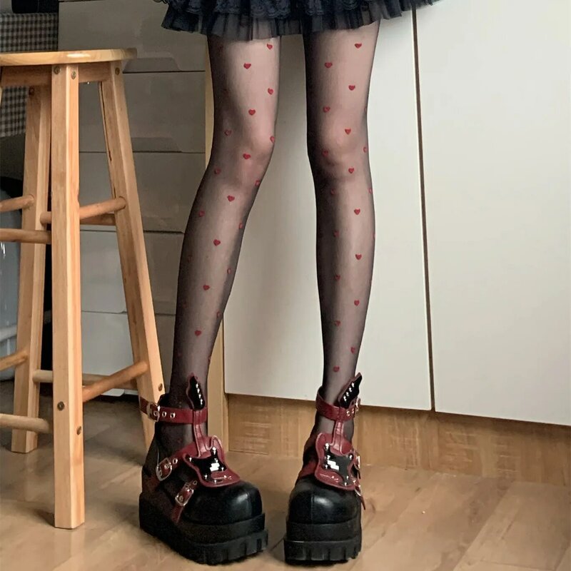 JK Lolita Girls Thigh High Stockings Pantyhose Japanese Style Heart Print Women Tights Ultra-thin Nylon Tights Body Stockings