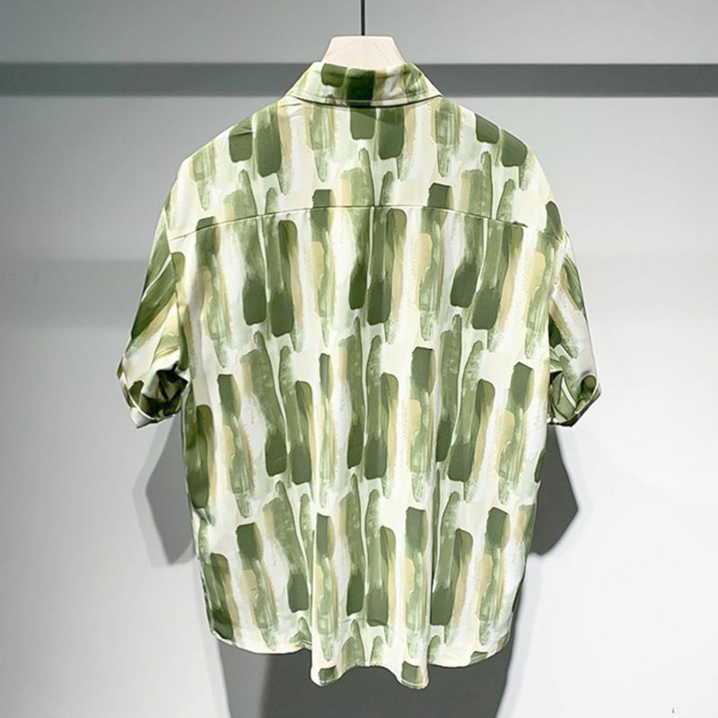 Summer New POLO Collar Fashion Short Sleeve Shirt Man High Street Loose Button Cardigan Casual Printing All-match Pockets Tops