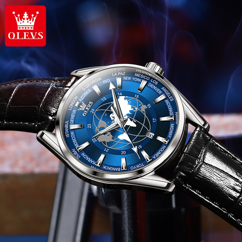 OLEVS 남성용 블루 글로브 다이얼 쿼츠 시계, 최고 브랜드 럭셔리 남성 시계, 방수 야광 달력 손목시계, 신제품