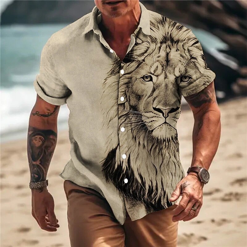 Blusa holgada con estampado 3d para hombre, camisa masculina de estilo clásico, León, flor hawaiana, Social, Retro, informal, ajustada, Verano