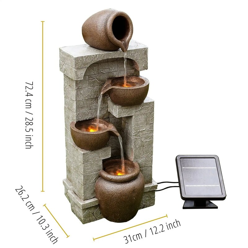 Teamson Home 28.5" Solar Powered 4-Tier Cascading Bowls & Stacked Stones Garden Water Fountain with LED Lights, Brown