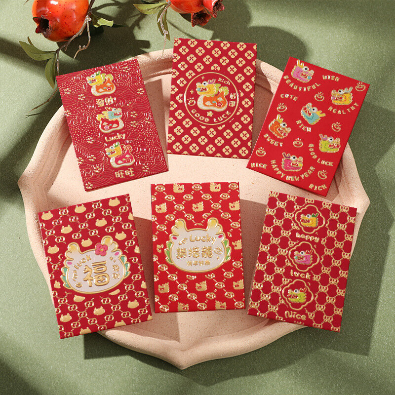 6ชิ้น2024ปีเทศกาลฤดูใบไม้ผลิมังกรซองจดหมายสีแดงกระเป๋าใส่เงินโชคดีกระเป๋าของขวัญสีแดงตกแต่งปีใหม่จีน