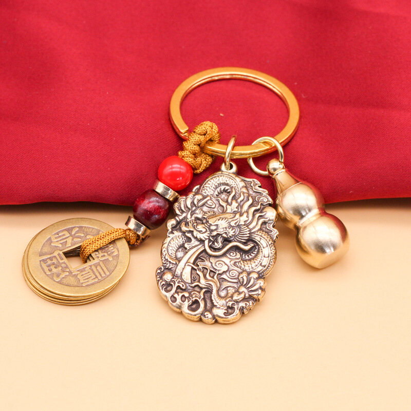 Vintage kuningan naga beruntung tali gantungan kunci liontin Cina zodiak Naga hewan gantungan kunci mobil tas Feng Shui gantung hadiah