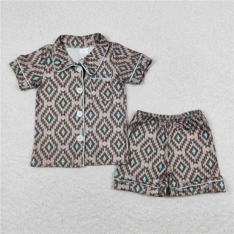 Set pakaian butik baju bayi laki-laki, set grosir pakaian celana pendek lengan pendek hitam saku geometris