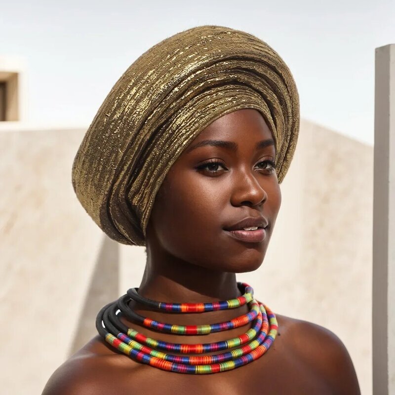 수제 아프리카 자동 Gelel 머리 장식, 나이지리아 파티 헤드기어, 반짝이 플리츠 터번 모자, 여성 머리 랩 보넷