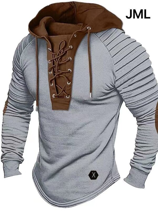 Men's Solid Color Casual T-shirt Top, Long Sleeved Shirt, Slim Fit Pleated Hood, Street Vacation Lace Up Patchwork Clothing