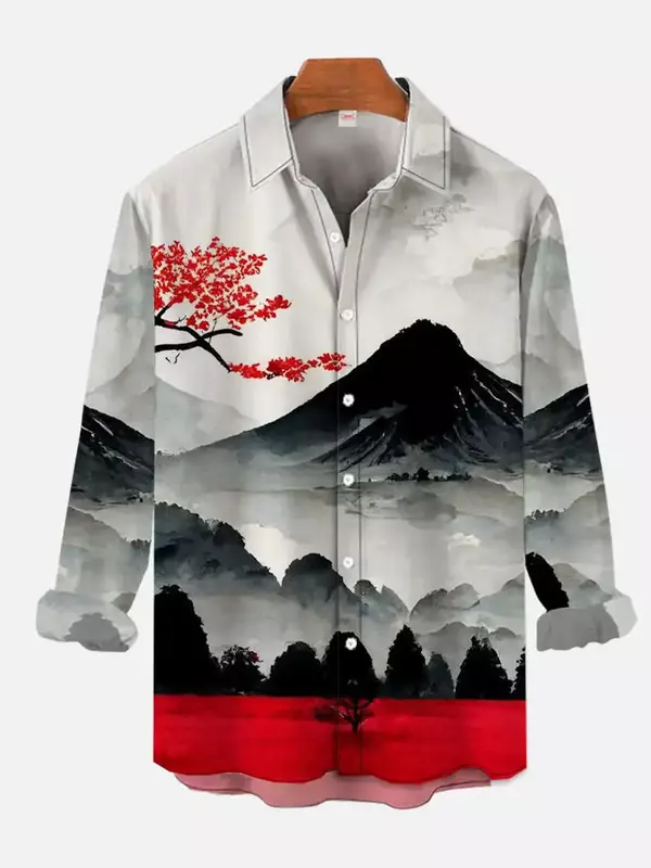 사쿠라 후지산 프린트 남성용 긴팔 셔츠, 일본 예술 스타일, 캐주얼 라펠 탑, 라지 사이즈 남성 셔츠 S-6XL, 2024 신상