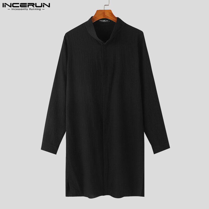INCERUN-Patchwork sólido masculino manga comprida Stand Neck camisas, Streetwear Casual, blusa masculina, novo estilo, venda quente, S-5XL, 2023