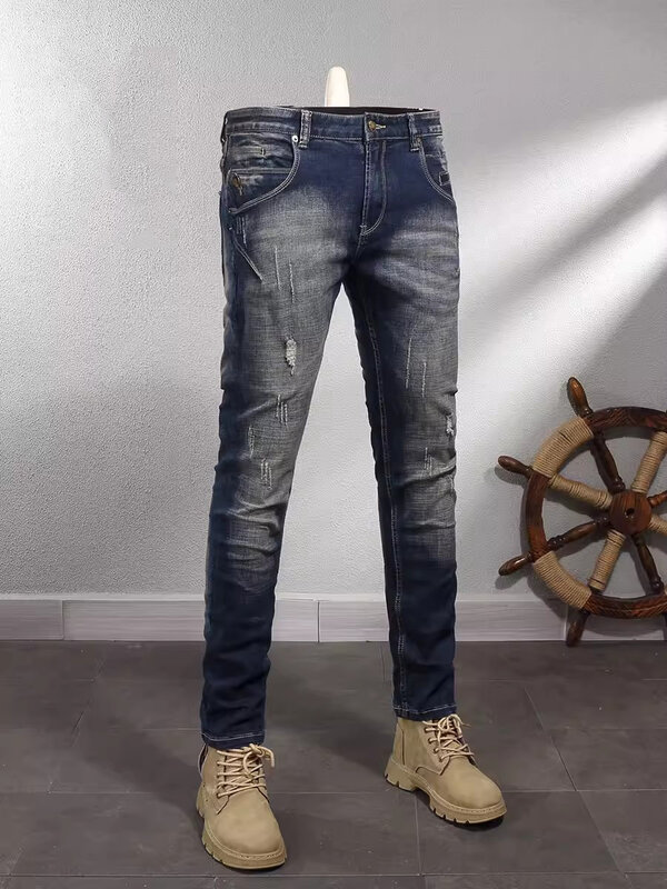 Celana Jeans pria sobek pas badan elastis hitam Retro kualitas tinggi celana Jeans Denim antik desainer sambungan pria