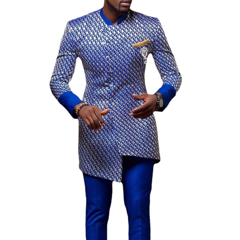 Camisa con estampado de patrón azul para hombre, Top con cuello de pie Dashiki, camisas de vestir de manga larga ajustadas para fiesta diaria
