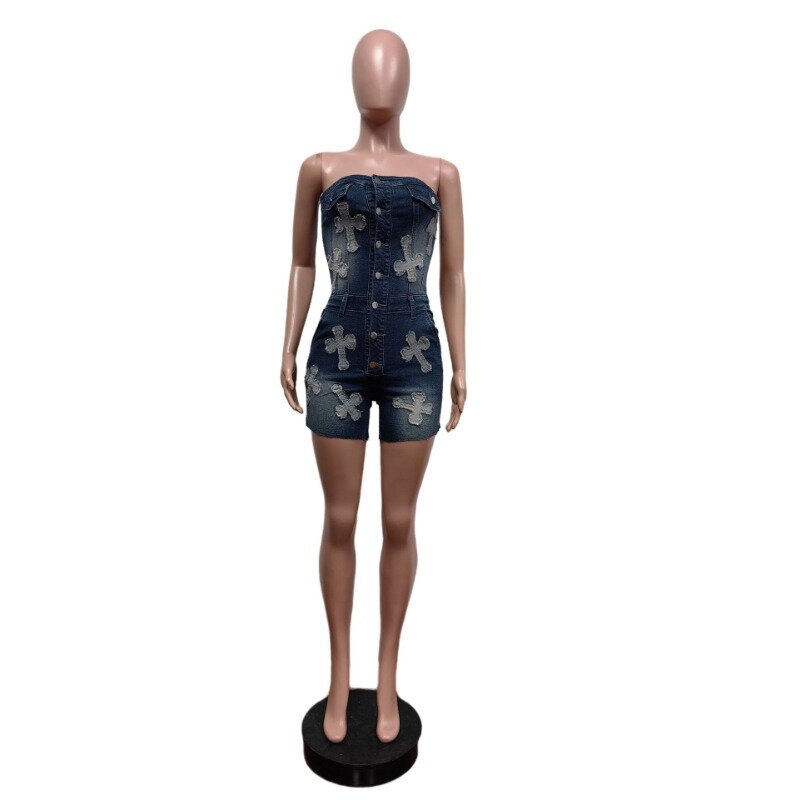 2024 Summer Embroidery Denim Strapless Rompers Women Sexy Spicy Girls Off Shoulder Sleeveless Single Breasted Bodycon Playsuits