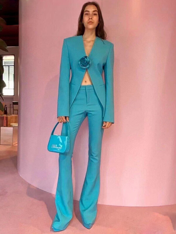 HIGH STREET New 2024 Designer Fashion Senior Suit Set Elegant Women's Flower Appliques Collarless Blazer Flare Pants 2-Piece Set