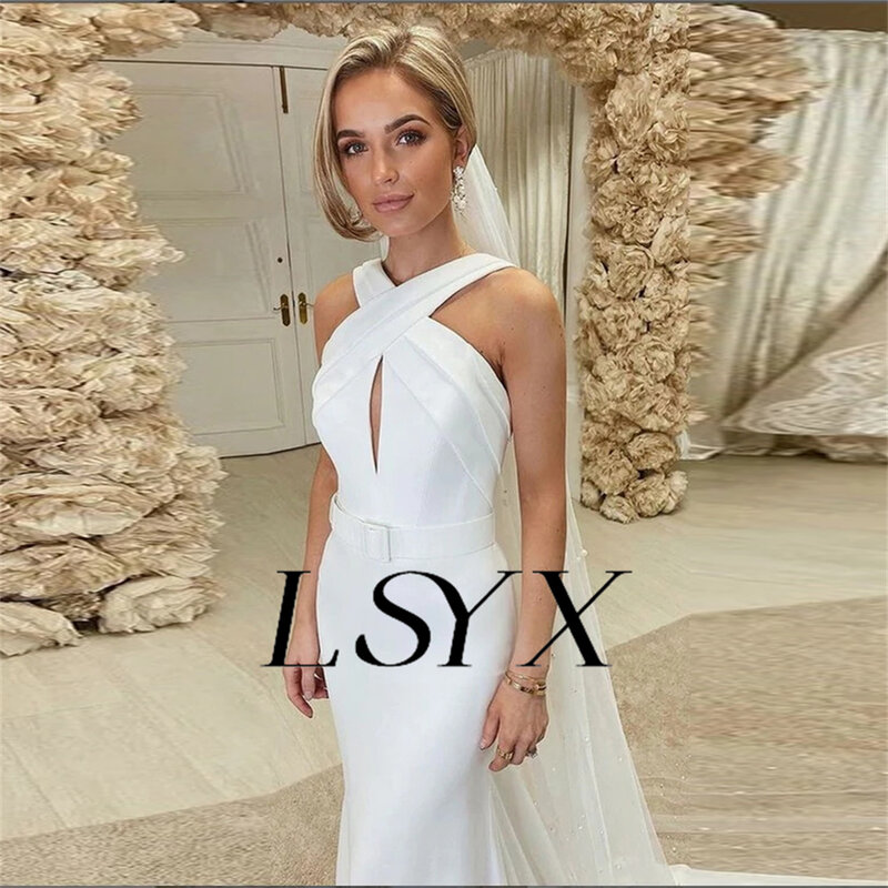 LSYX Elegant Strapless Halter Crepe Cut Out Mermaid Wedding Dress 2023 Simple Open Back Court Train Bridal Gown Custom Made