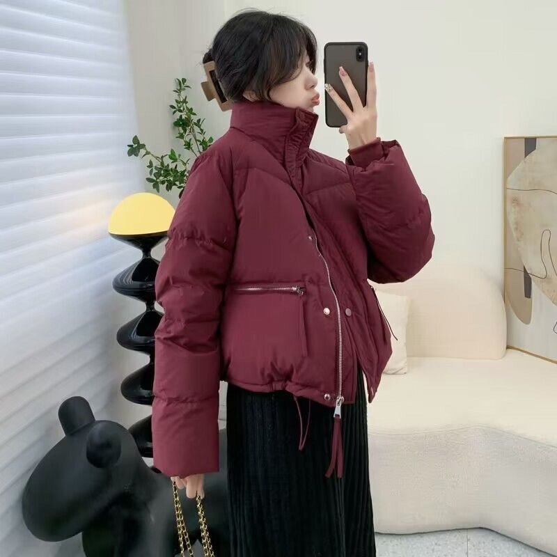 Cropped Parkas Women All-Matchw Solid Color Stand Collar Korean Puffy Jacket Snow Wear Warm Loose Cotton Down Padded Winter Coat