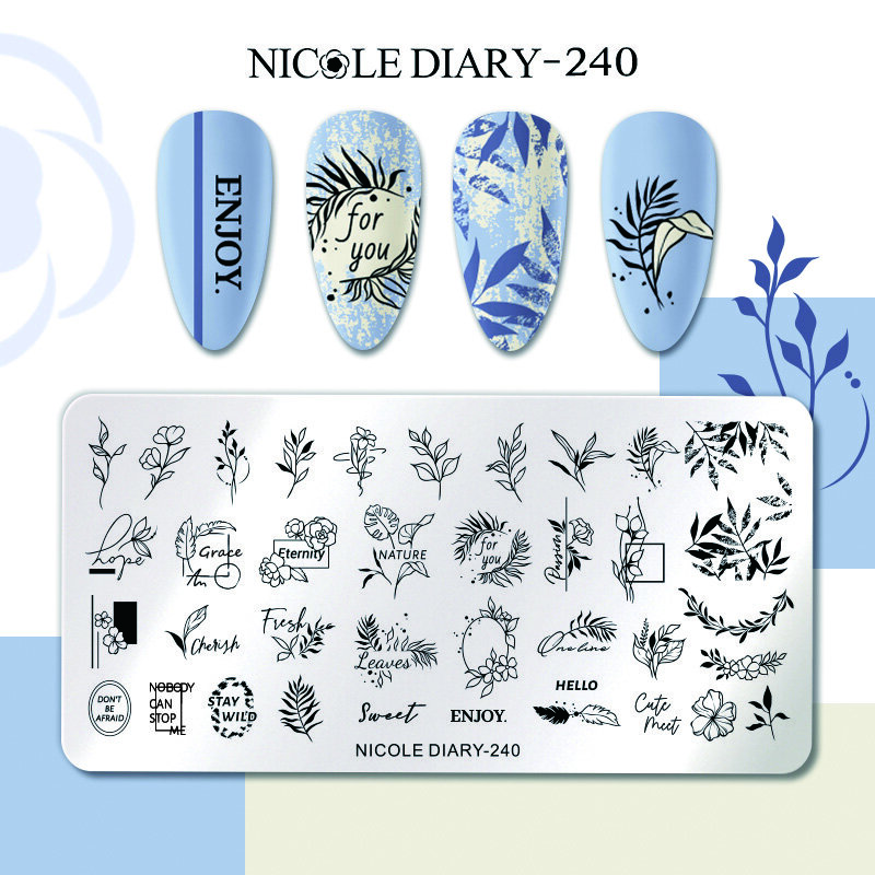 Трафареты NICOLE DIARY для стемпинга ногтей, инструменты для нейл-арта, трафареты для печати листьев, цветов, бабочек, линий