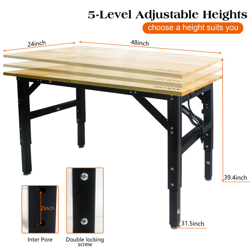 48" Adjustable Workbench With Power Outlet Worktable Heavy Duty 2000 LBS Load Capacity Hardwood Workbench Workshop Office Desk