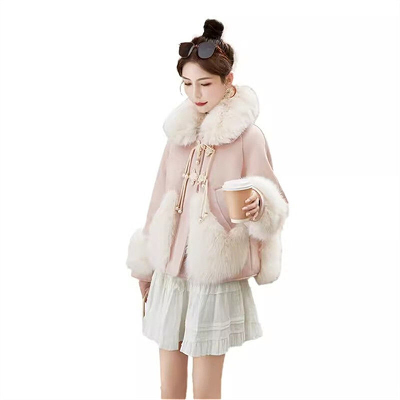 Jaqueta feminina com fivela estilo chinês, casaco curto de pele de raposa, jaquetas soltas e emagrecedoras, casaco luxuoso leve, senso de design, novo inverno, 2022