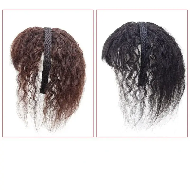 Women's 10 inch twisted braid headband with straight hair, human hair clip extension, natural black bangs curly dark brown