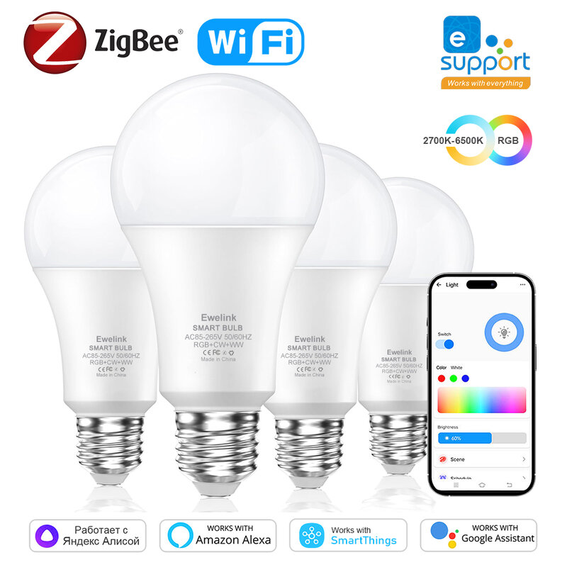 COOLO-Lâmpadas LED inteligentes EWelink, lâmpada regulável, Wi-Fi, Zigbee, funciona com Alexa, Google Home, SmartThings, Yandex Alice, 15W, 18W, E27