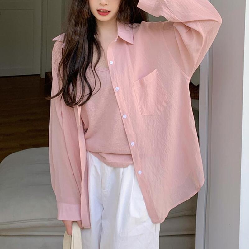 Camisa informal elegante para mujer, camisa de solapa de manga larga con cierre de botonadura única, ajuste suelto para verano