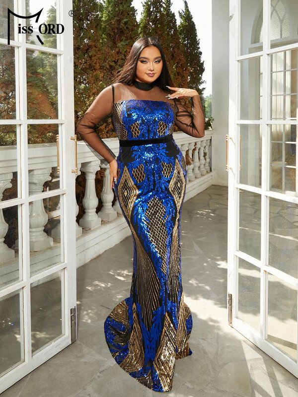 Missord Women Blue Sequin Plus Size Evening Dresses Elegant Turtleneck Mesh Long Sleeve Bodycon Maxi Mermaid Party Prom Dress