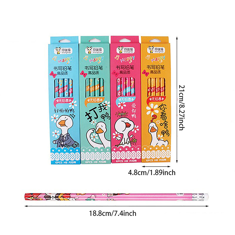 Crayons Kawaii avec motif de canard pour enfants, fournitures de papeterie coréenne, stylo HB de dessin animé mignon, cadeaux, boîte de 6 pièces
