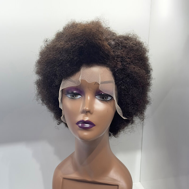 【13X4】Peluca Afro rizada con malla frontal, pelo humano corto sin pegamento, 13x4
