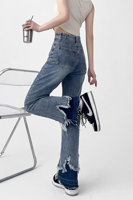 Celana Jeans lurus pinggang tinggi Vintage 2023 celana Denim jalanan Grunge kasual longgar Y2K kaki lebar