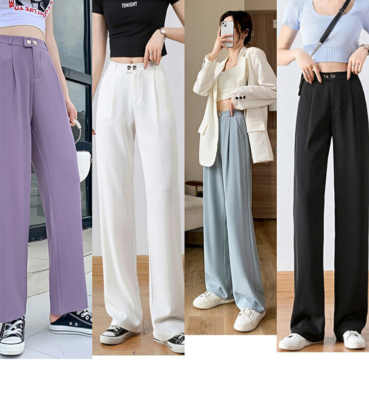 Pantalon à jambes larges pour femme, vêtement coréen élégant, taille haute, été
