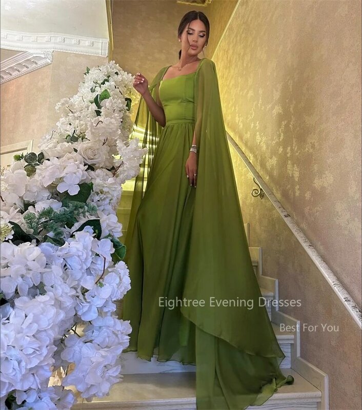 Eightree-Vestidos de Noche verdes con capa, gasa, cuello cuadrado, una línea, vestido Formal para ocasiones, hasta el suelo, boda, fiesta, graduación