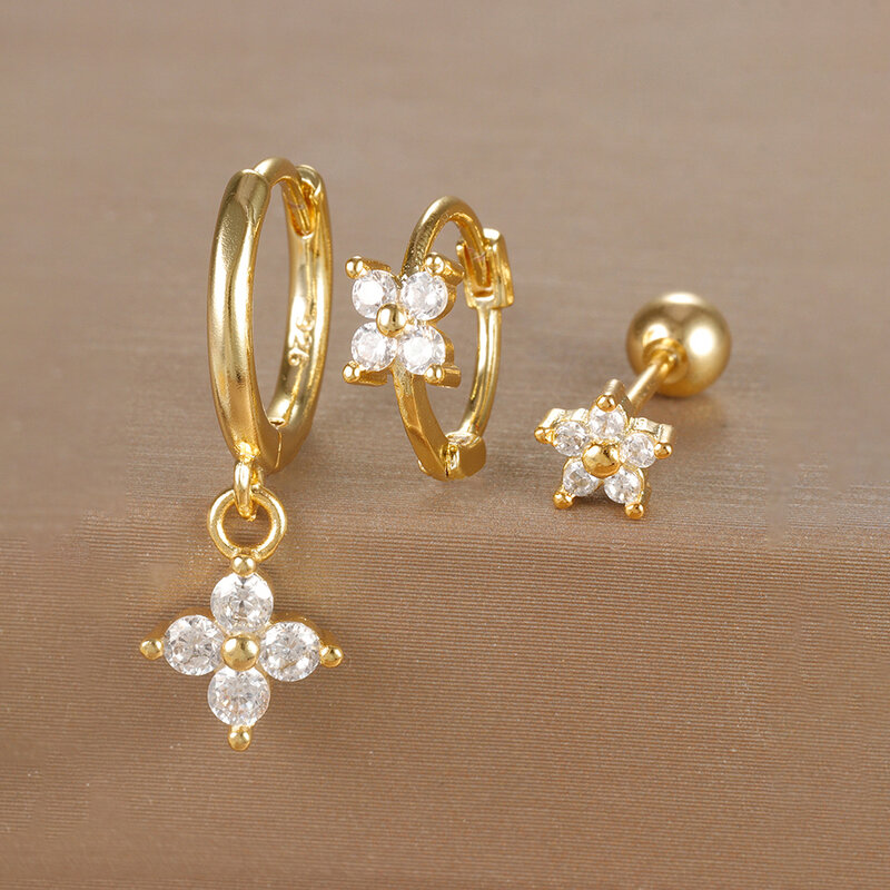 3PCS Flower Cubic Zirconia Hoop Earrings Set For Women Stainless Steel Gold Color Versatile Piercing Earring Fashion Jewelry