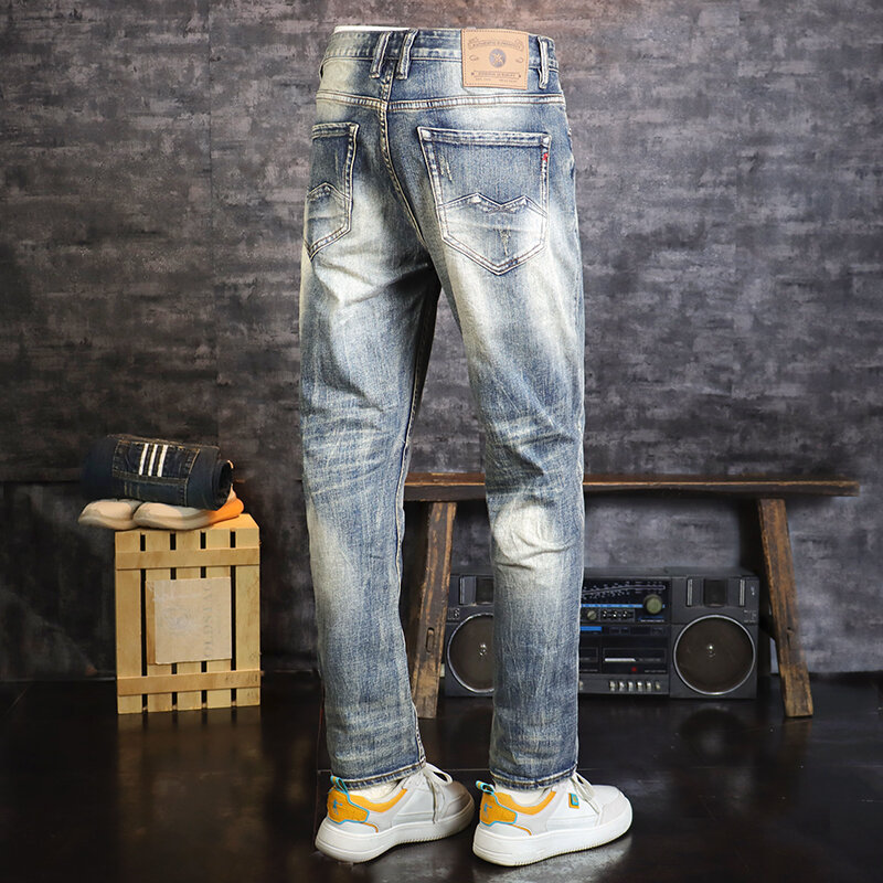 Jeans azul retrô rasgado masculino, de alta qualidade, elástico, slim fit, vintage, casual, jeans, moda recém-estilista