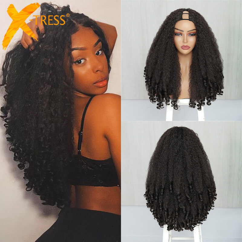X-TRESS parrucca Afro riccia con parte a V con riccioli rimbalzanti capelli lisci crespi Glueless sintetici per le donne senza lasciare la Clip in mezza parrucca