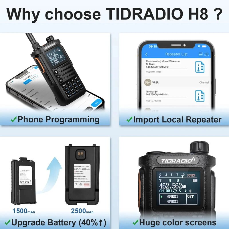 Tidradio-長距離ポータブルウォーキートーキー、無線接続、電話アプリ、ワイヤレスリプログラミング、am、gmrs、td、h8、10w、双方向