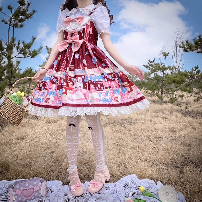 일본 카와이 로리타 Jsk 원피스 여성 달콤한 만화 프린트 멜빵 파티 드레스, 여성 여름 보우콘 서스펜더 원피스