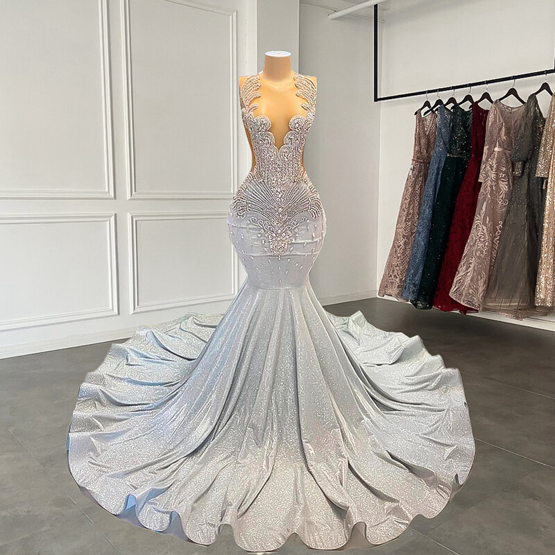 Neue Ankunft Sexy Meerjungfrau Stil Ausgestattet Luxus Sparkly Kristalle Diamant Schwarz Mädchen Silber Lange Prom Kleider 2023