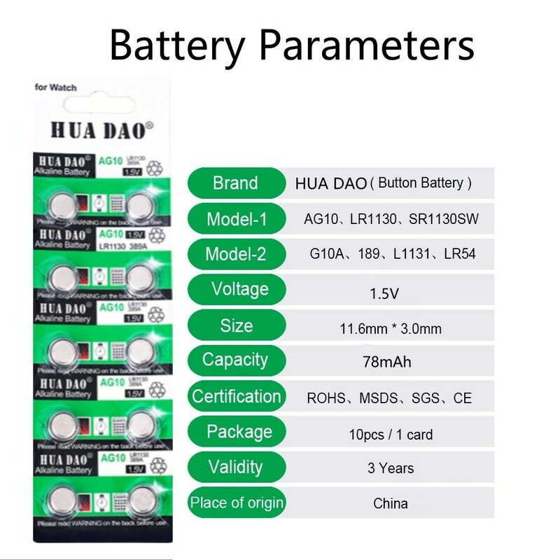 Bateria de botão alcalino para relógio, aparelho auditivo, lanterna, brinquedos de calendário, AG10, LR1130, 1.55V, LR 1130, SR1130, 389A, LR54, L1131